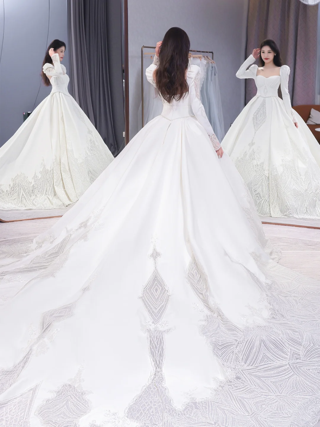 Elegant Ball Gown Square SatinLong Sleeves Long Wedding Dresses C4206