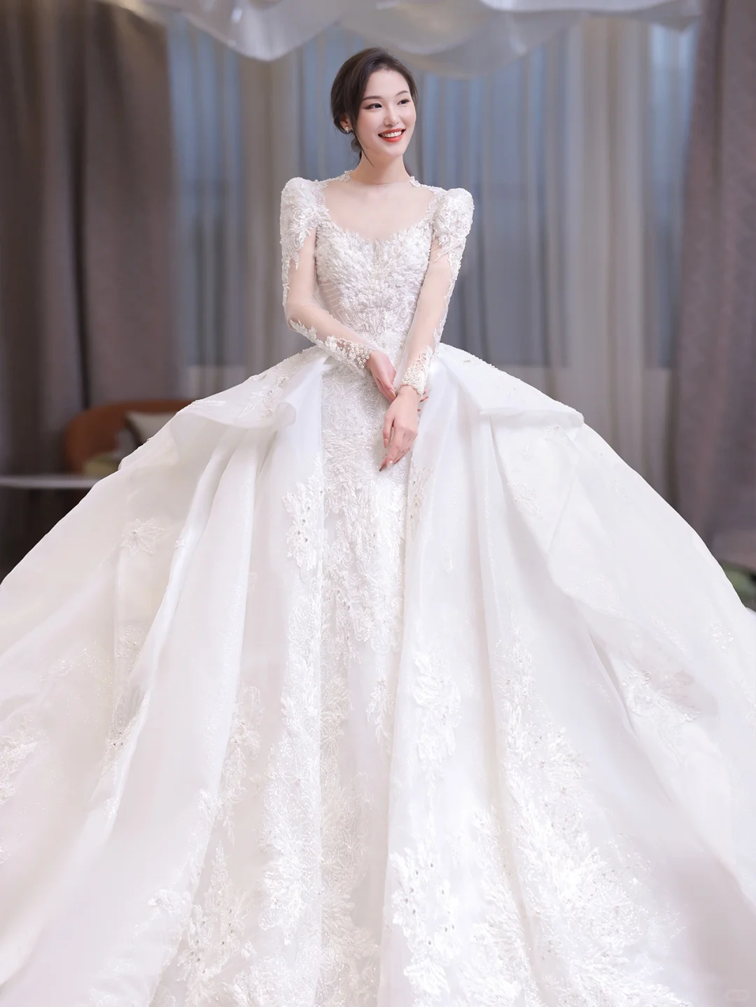 Timeless Ball Gown Satin Tulle Applique Beaded Long Sleeves Long Wedding Dresses C4207