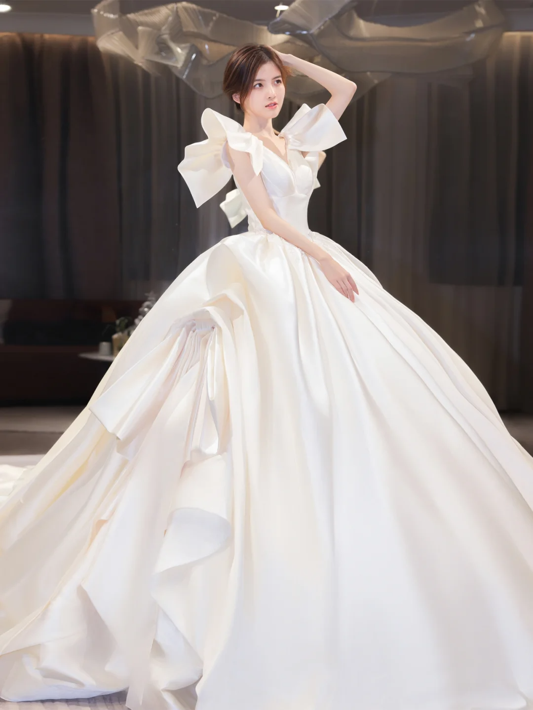 Elegant Ball Gown Off The Shoulder Satin Long Wedding Dresses C4209