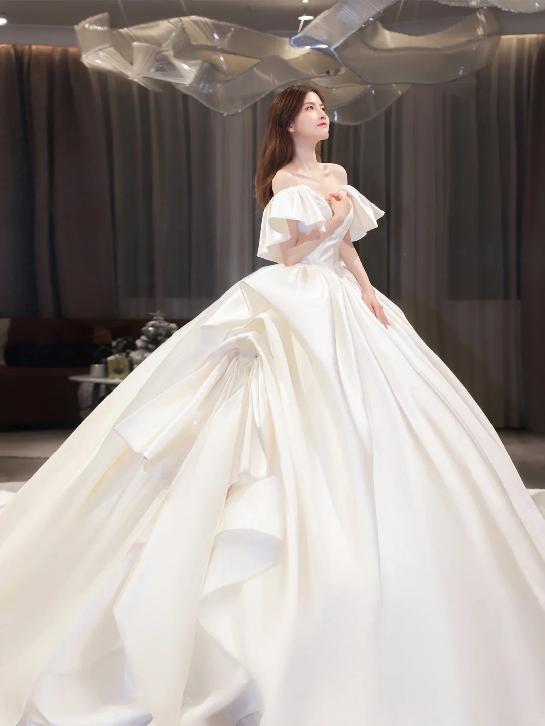 Elegant Ball Gown Off The Shoulder Satin Long Wedding Dresses C4209