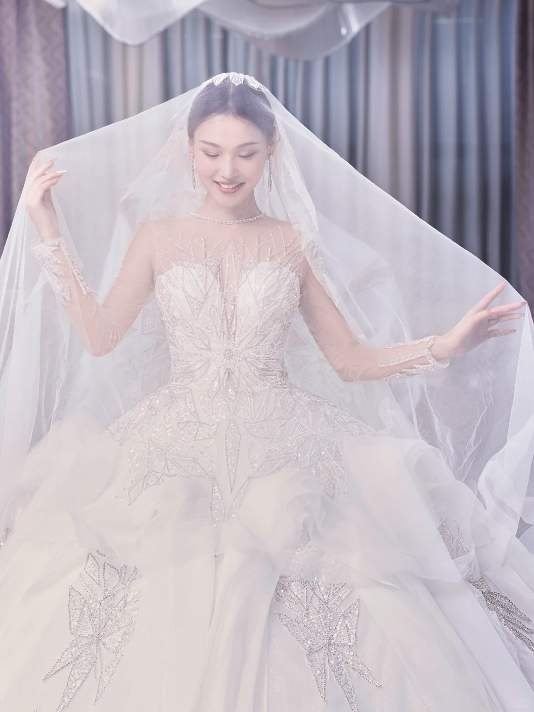 Timeless  Ball Gown Tulle Lace Long Sleeves With Veil Long Wedding Dresses C4211