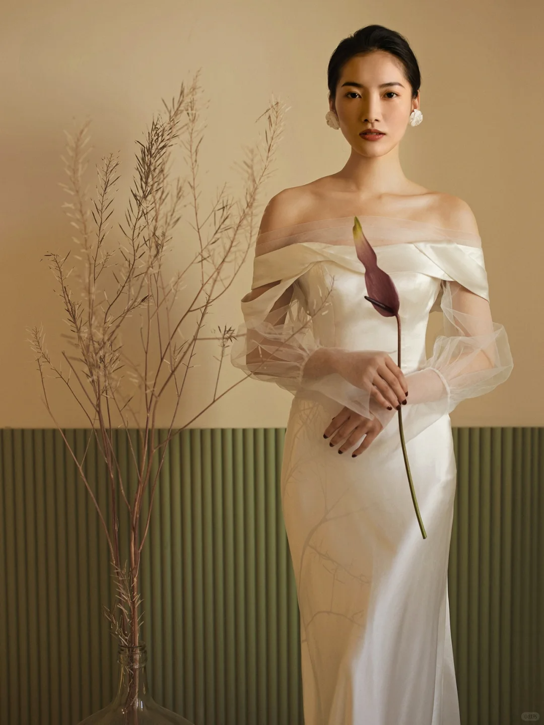 Chic Mermaid Off The Shoulder Satin Tulle Long Sleeves Long Wedding Dresses C4218