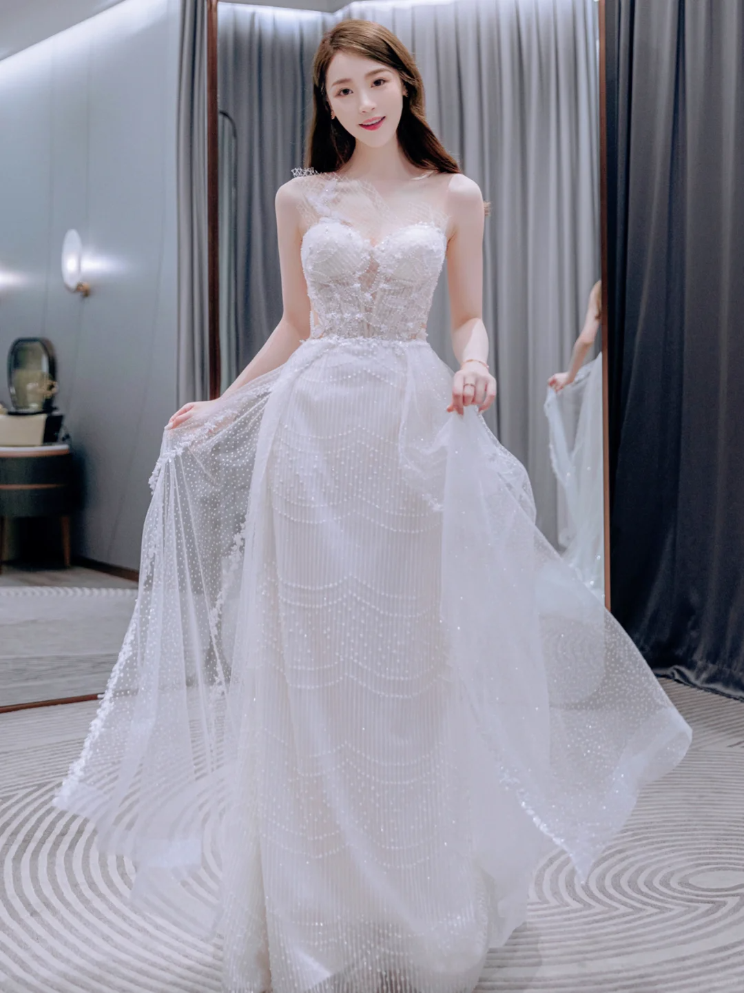 Pretty A Line One Shoulder Tulle Applqiue Long Wedding Dresses C4221