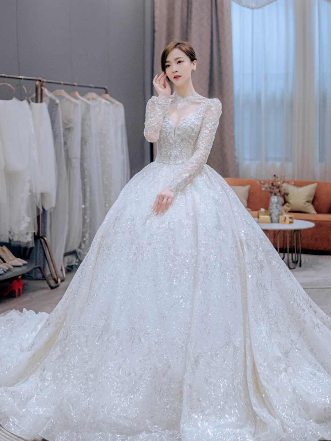 Timeless Ball Gown Tulle Lace Sequin Long Sleeves Long Wedding Dresses C4223