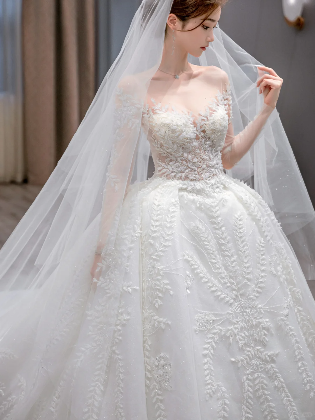 Dreamy Ball Gown Tulle Applique Long Sleeves With Veil Long Wedding Dresses C4226