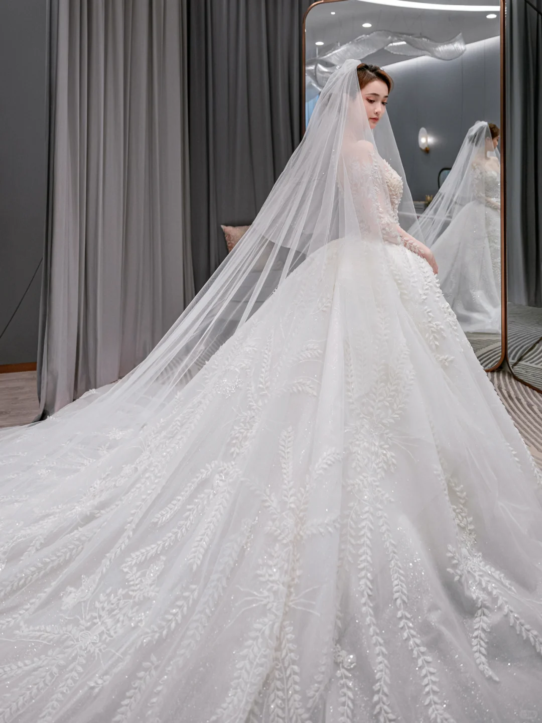 Dreamy Ball Gown Tulle Applique Long Sleeves With Veil Long Wedding Dresses C4226
