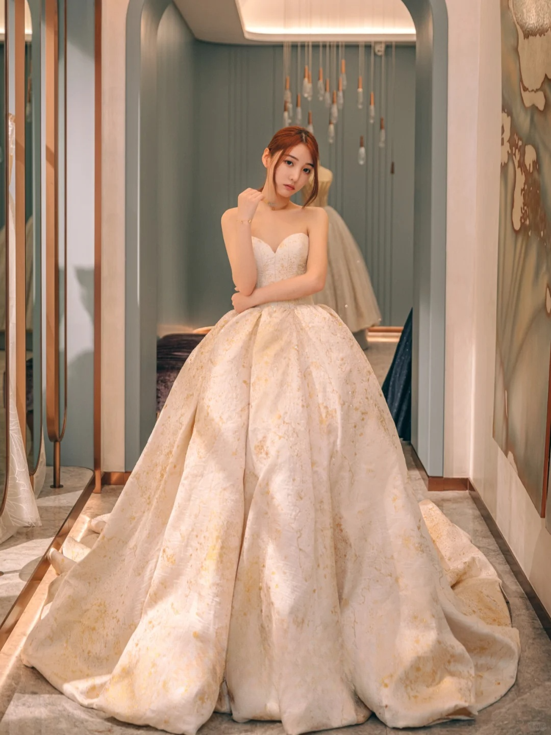 Dreamy Ball Gown Strapless Satin Beaded Long Wedding Dresses C4228
