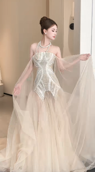 Chic Mermaid Strapless Tulle Lace Beaded Long Wedding Dresses C4233