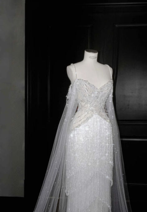 Gorgeous  Mermaid Spaghetti Straps Tulle Baeded Long Wedding Dresses C4272