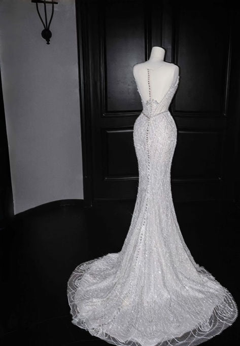 Timeless Mermaid Srapless Tulle Lace Sequin Baeded Long Wedding Dresses C4273