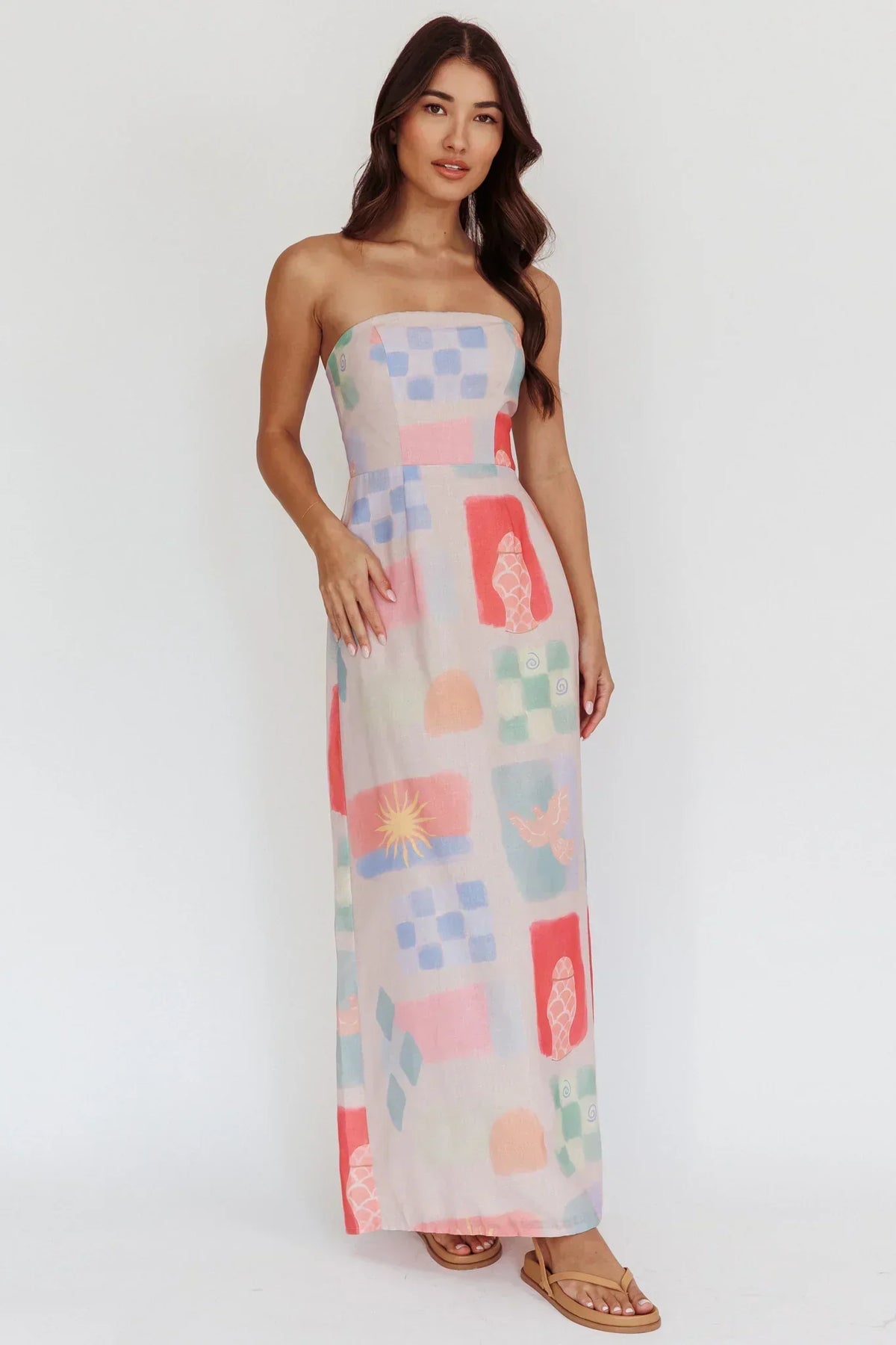Abstract Print Strapless Straight Neck Column Maxi Dress 5