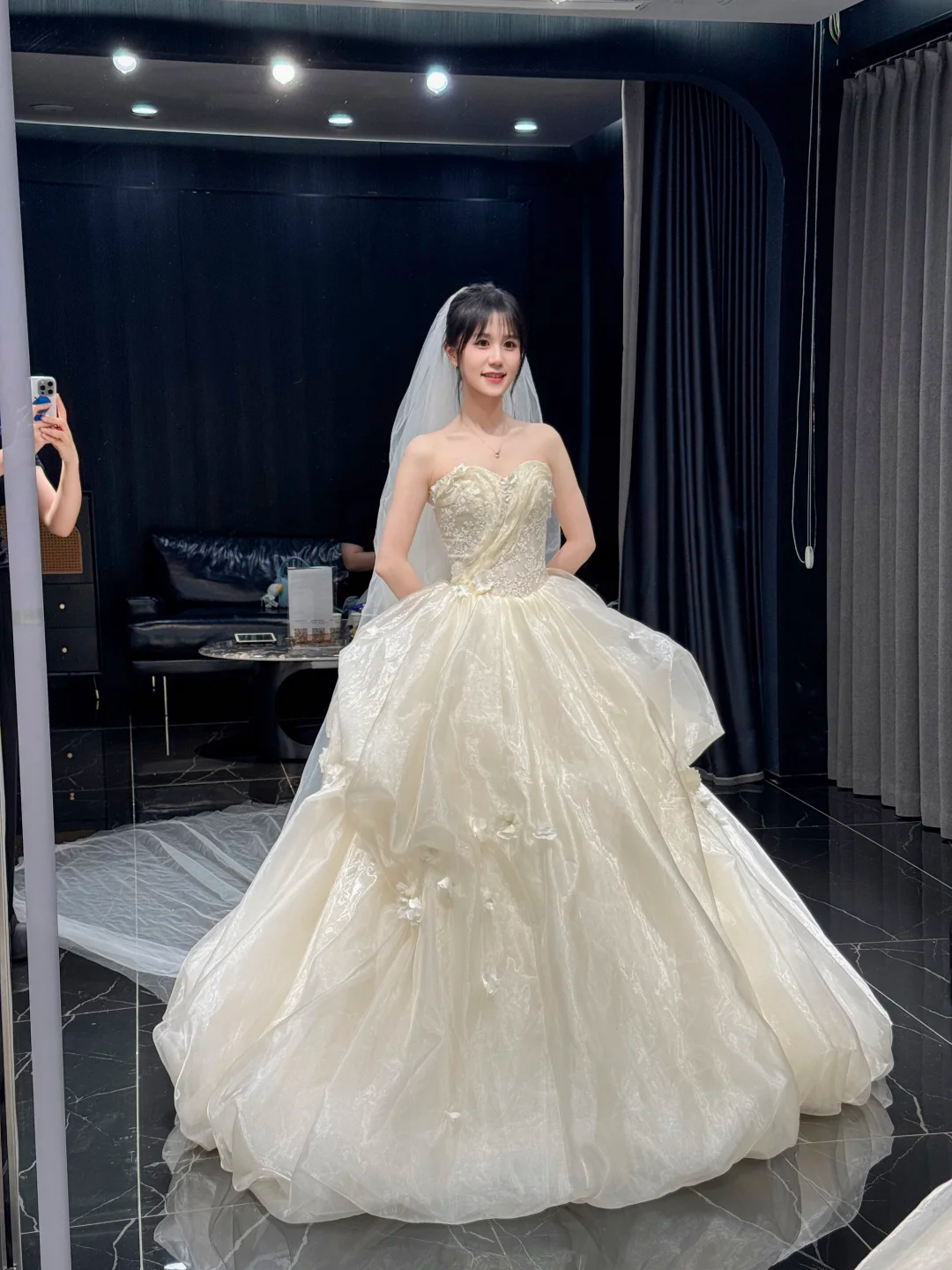 Gorgeous Ball Gown Strapless Satin Chiffon With Veil Long Wedding Dresses C4299