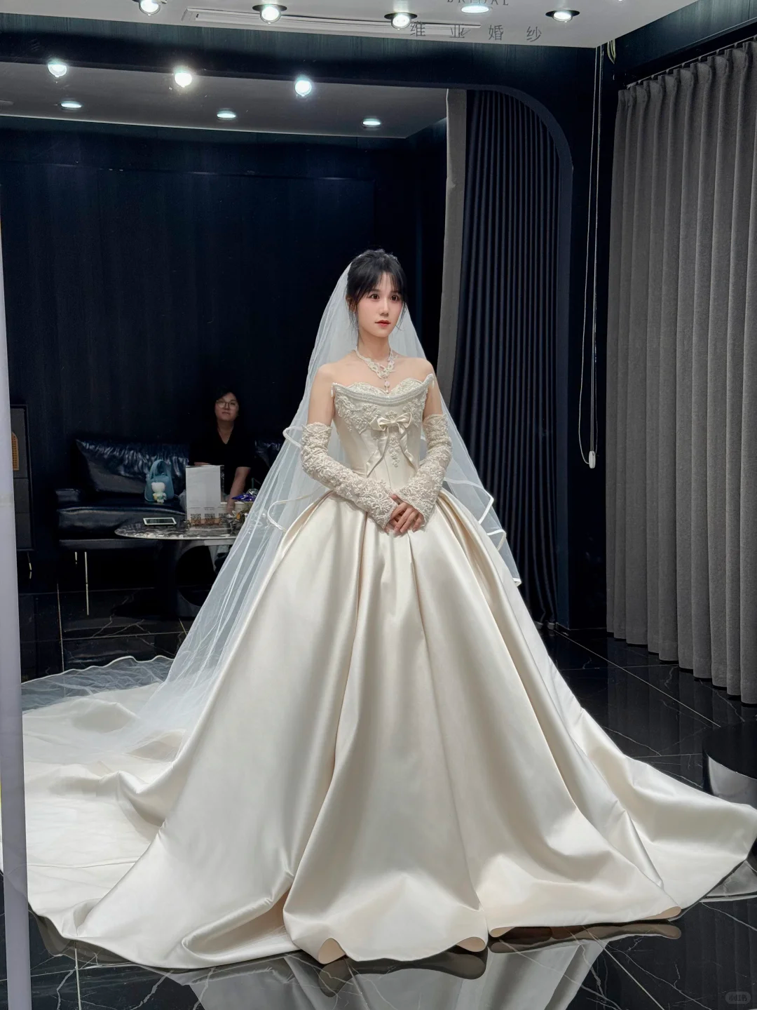 Dreamy Ball Gown Strapless Satin Applique With Veil Sleeves Long Wedding Dresses C4300