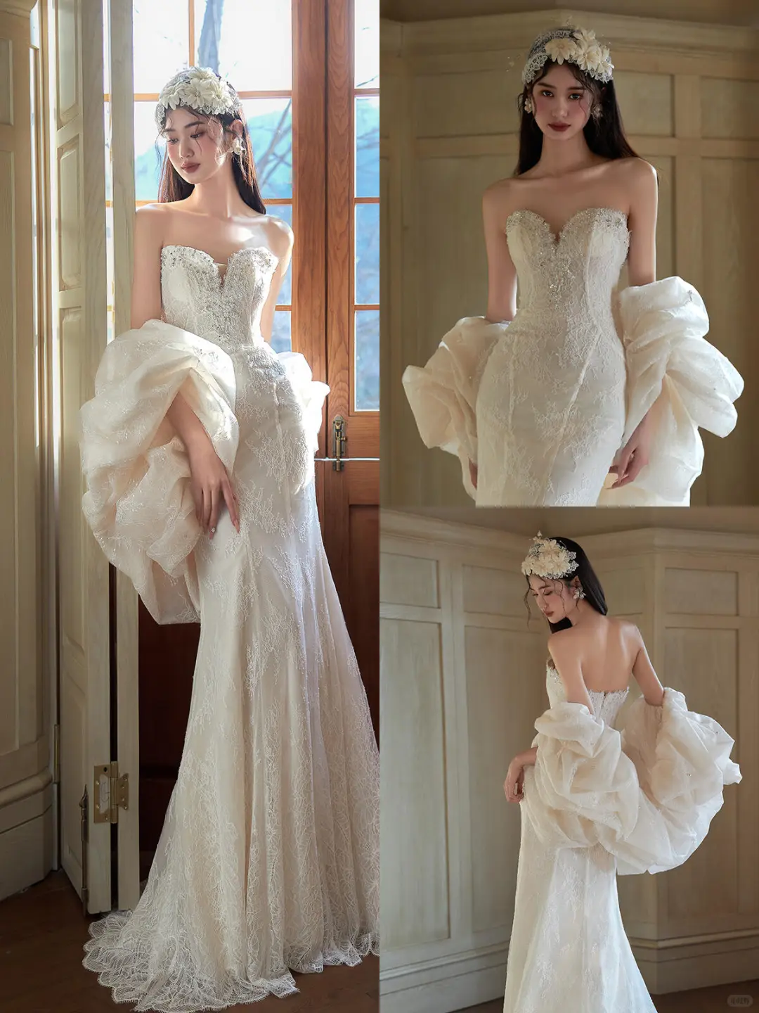 Stunning Mermaid Strapless Tulle Lace Long Wedding Dresses C4301