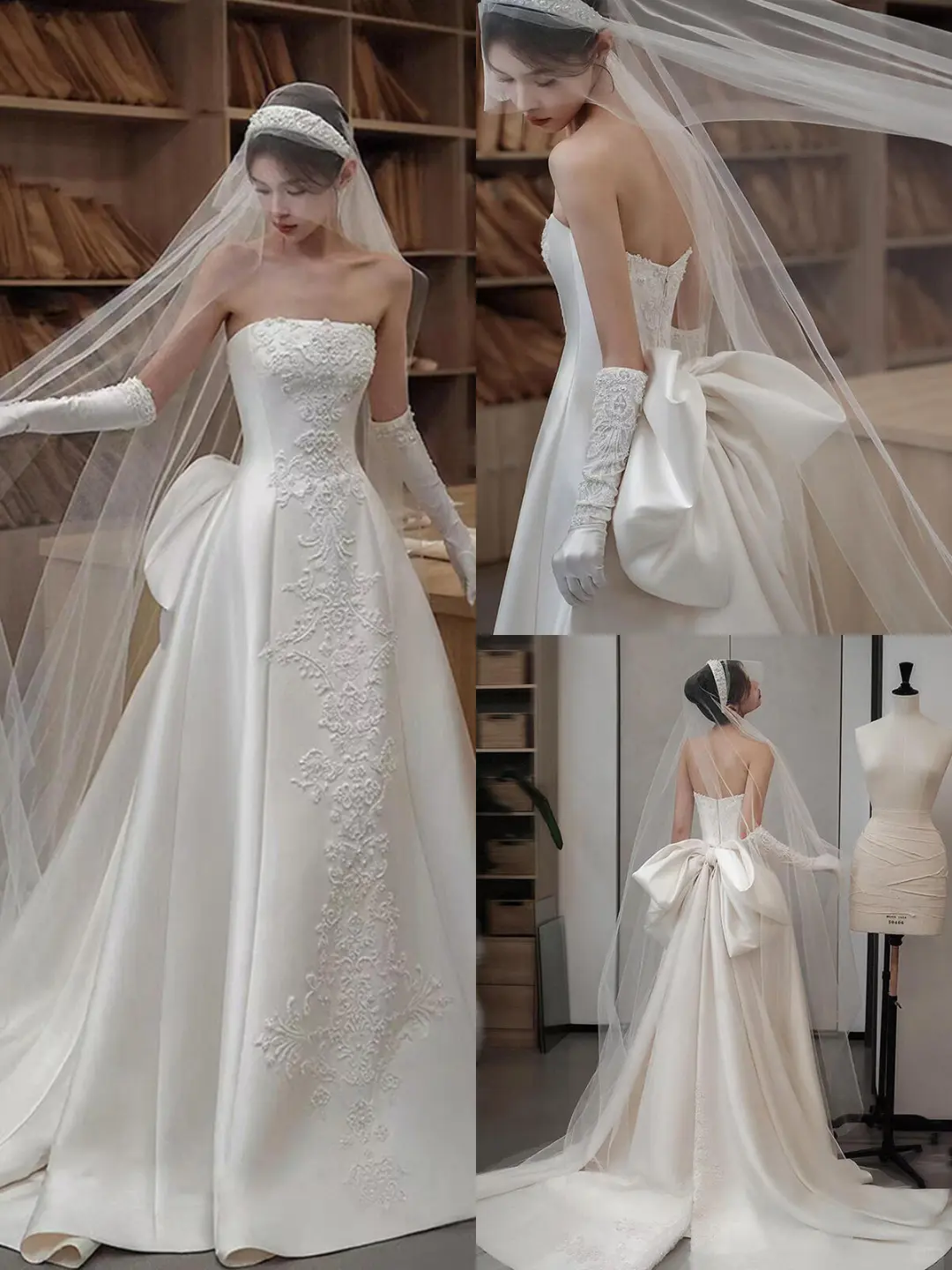Elegant A Line Strapless Satin Applique With Veil Gloves Long Wedding Dresses C4302