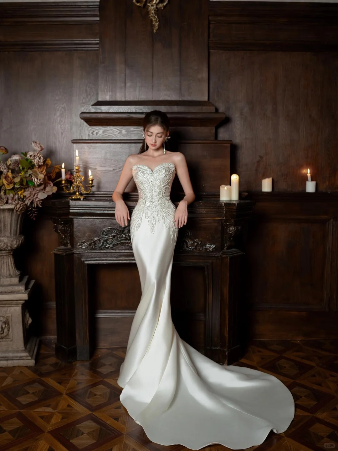 Timeless Mermaid Strapless Satin Sequin Beaded Long Wedding Dresses C4304