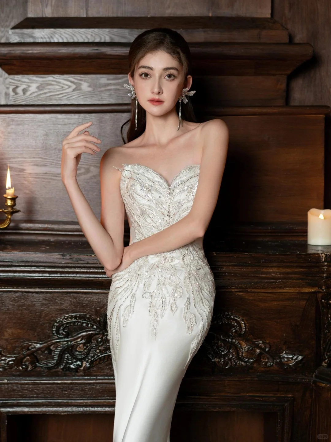 Timeless Mermaid Strapless Satin Sequin Beaded Long Wedding Dresses C4304