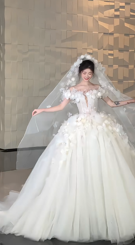 Pretty Ball Gown Strapless Tulle Applique With Veil Long Wedding Dresses C4305