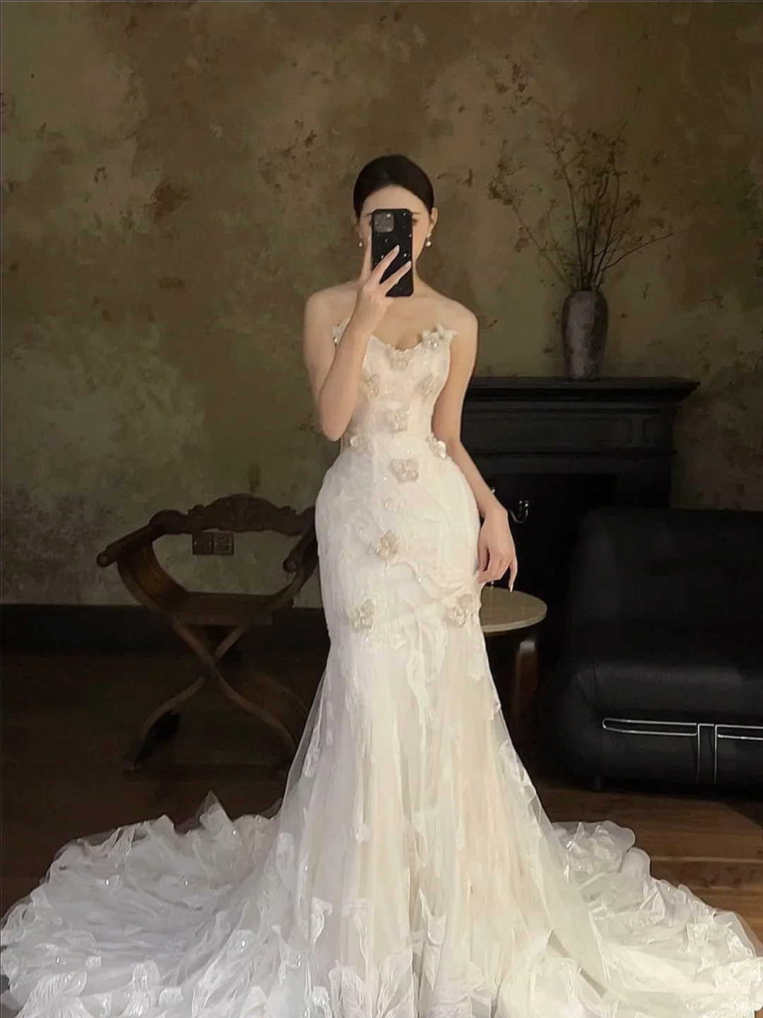 Dreamy Mermaid Strapless Tulle Lace Applique Long Wedding Dresses C4309