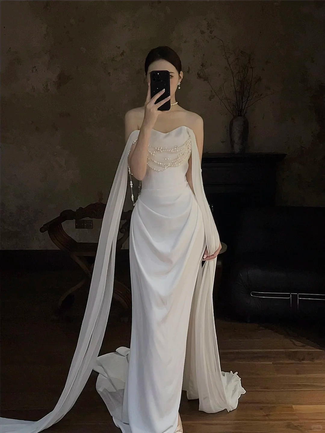Elegant Mermaid Strapless Satin Beaded Slit Long Wedding Dresses C4314
