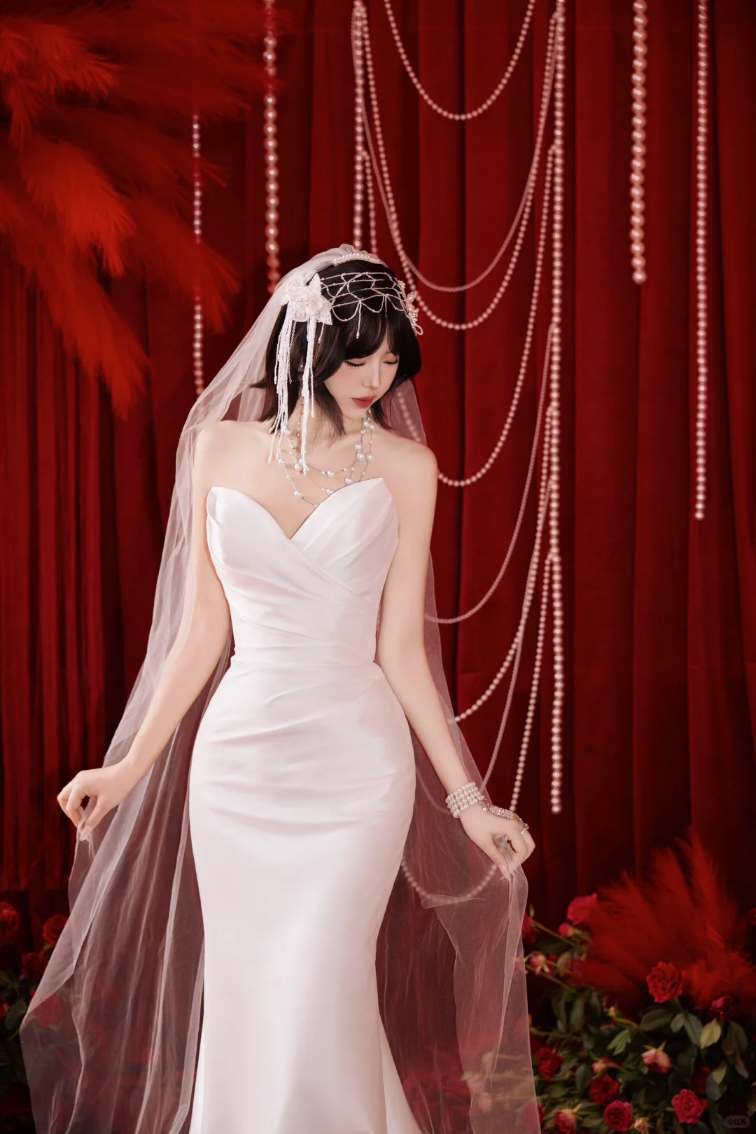 Dreamy Mermaid Strapless Satin With Veil Long Wedding Dresses C4315