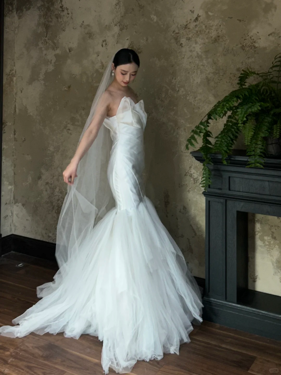 Dreamy Mermaid Strapless Satin Tulle With Veil Long Wedding Dresses C4319