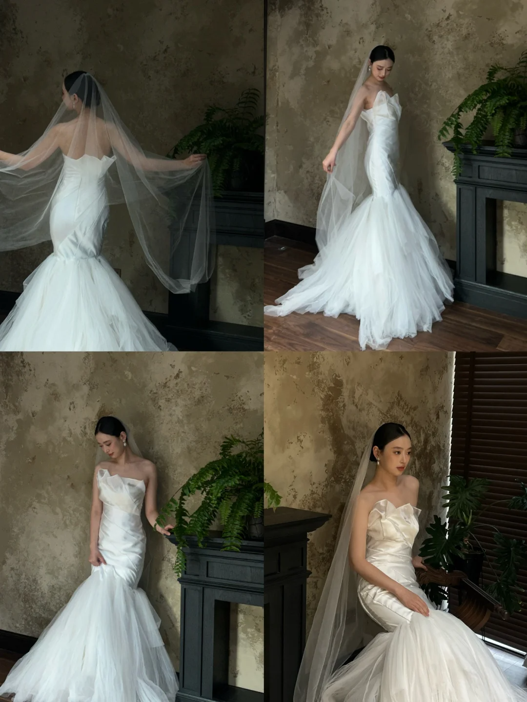 Dreamy Mermaid Strapless Satin Tulle With Veil Long Wedding Dresses C4319