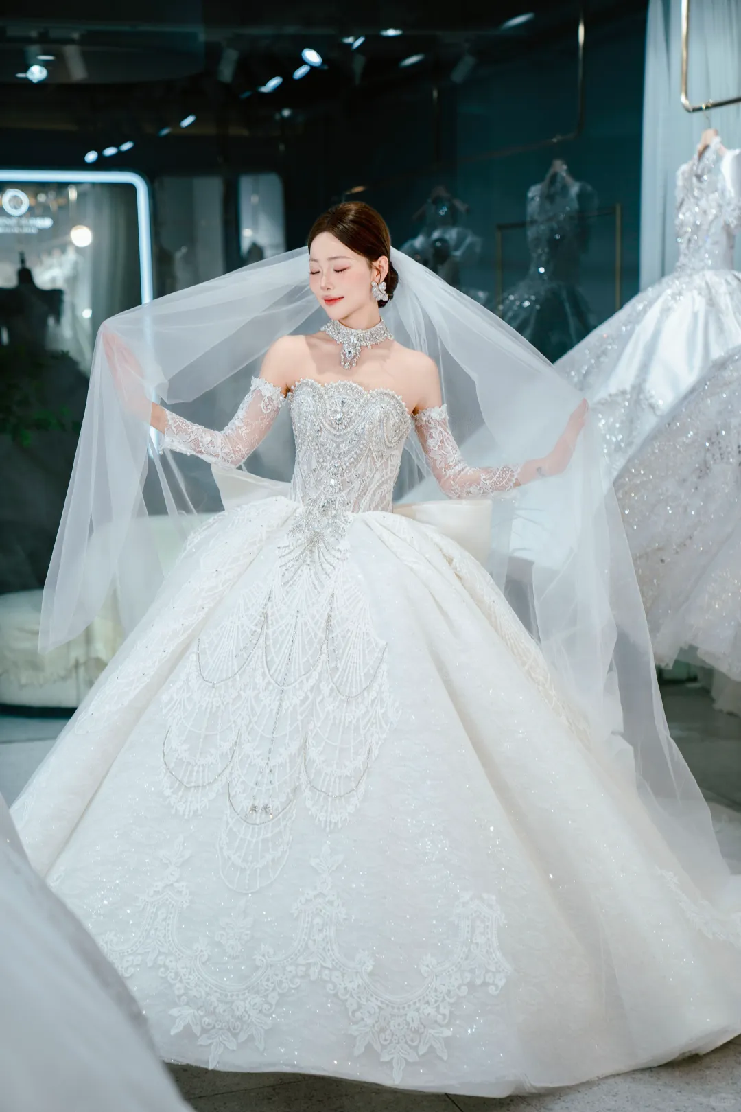 Timeless Ball Gown Strapless Tulle Sequin Beaded With Sleeves Veil Long Wedding Dresses C4325