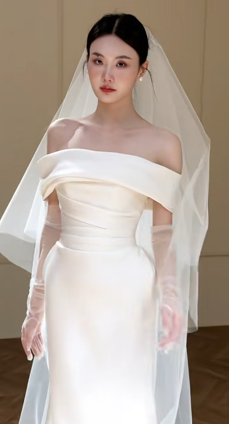 Classy Mermaid Off The Shoulder Satin With Gloves Veil Long Wedding Dresses C4327