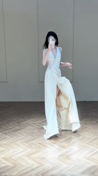 Dreamy A Line Halter Satin Slit Long Wedding Dresses C4329