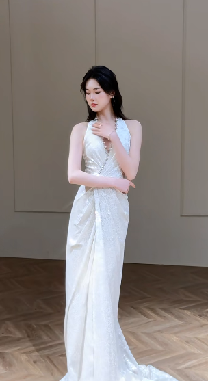 Dreamy A Line Halter Satin Slit Long Wedding Dresses C4329