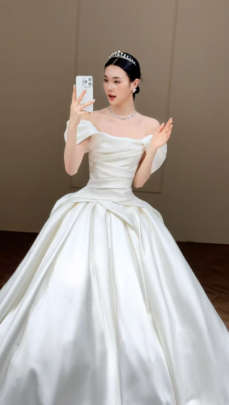 Elegant Ball Gown Off The Shoulder Satin Long Wedding Dresses C4330