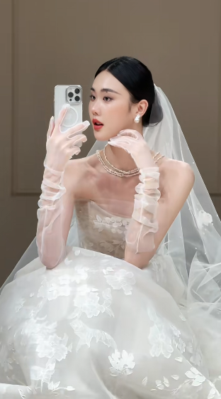 Dreamy Ball Gown Strapless Tulle Lace With Veil Long Wedding Dresses C4334