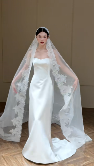 Elegant Mermaid Strapless Satin With Veil Long Wedding Dresses C4337