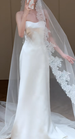 Elegant Mermaid Strapless Satin With Veil Long Wedding Dresses C4337