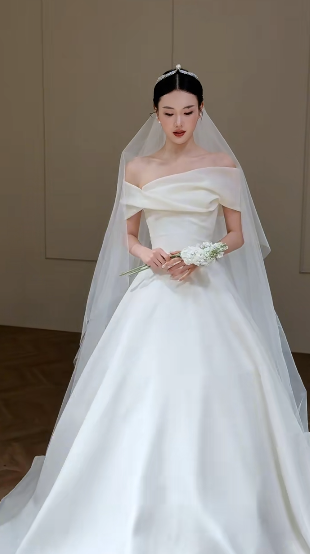 Elegant Ball Gown Off The Shoulder Satin With Veil Long Wedding Dresses C4339