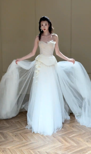 Chic A Line Strapless Tulle Applique Long Wedding Dresses C4344