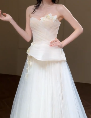 Chic A Line Strapless Tulle Applique Long Wedding Dresses C4344
