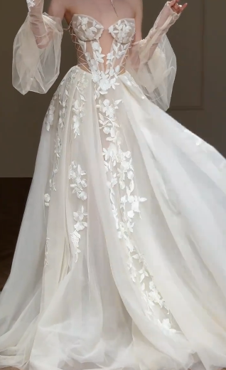 Unique A Line Off The Shoulder Tulle Applique Long Sleeves Long Wedding Dresses C4351