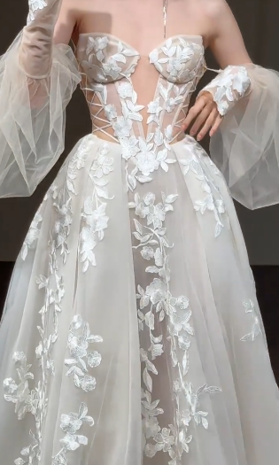 Unique A Line Off The Shoulder Tulle Applique Long Sleeves Long Wedding Dresses C4351