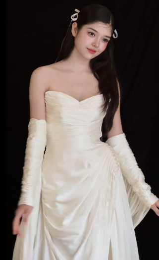 Unique A Line Strapless Satin With Sleeves Long Wedding Dresses C4358