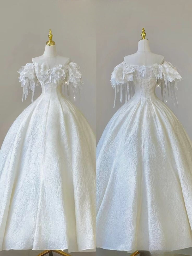 Elegant Ball Gown Off The Shoulder Satin Long Wedding Dresses C4363