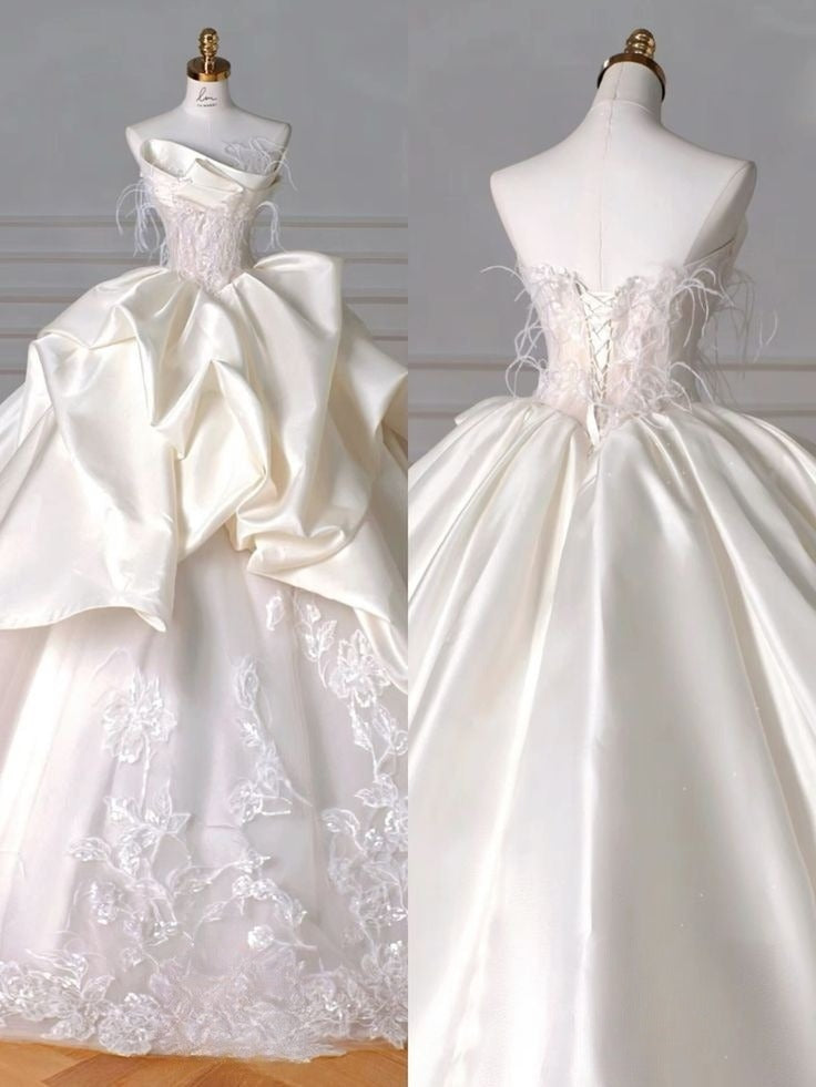 Vintage Ball Gown Strapless Satin Tulle Lace Feather Long Wedding Dresses C4364