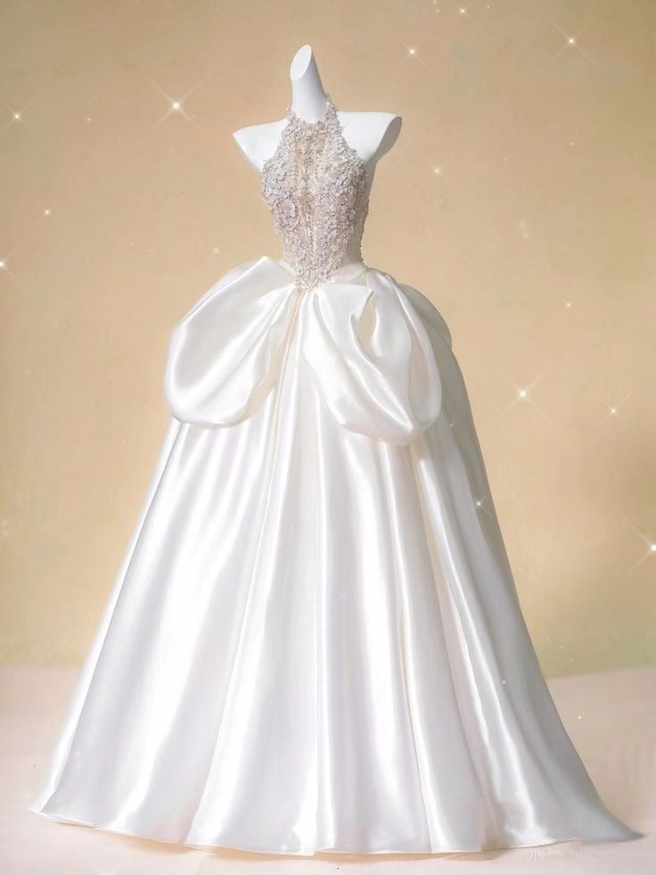 Pretty Ball Gown Halter Satin Long Wedding Dresses C4365