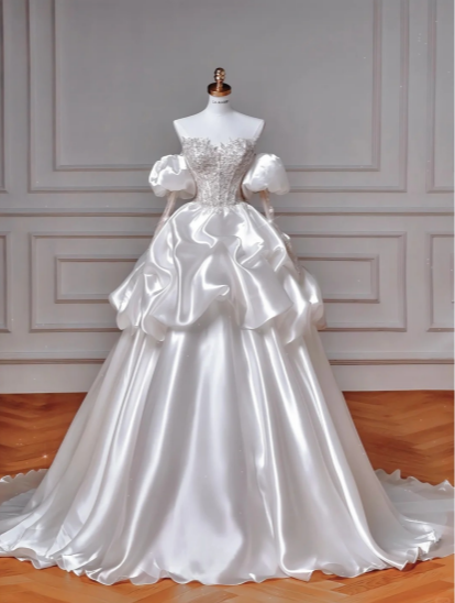 Vintage  Ball Gown Off The Shoulder Satin Sequin Beads Long Wedding Dresses C4368