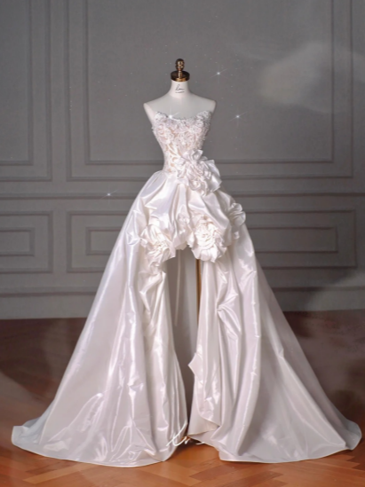 Chic Ball Gown Strapless Satin Floral Long Wedding Dresses C4369