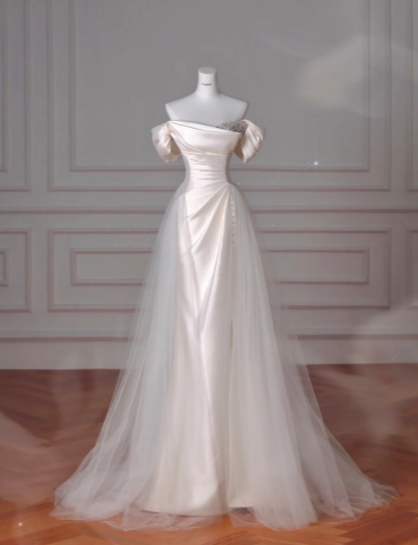 Elegant A Line Off The Shoulder Satin Tulle Long Wedding Dresses C4370