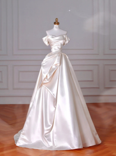 Simple Elegant A Line Off The Shoulder Satin Long Wedding Dresses C4371
