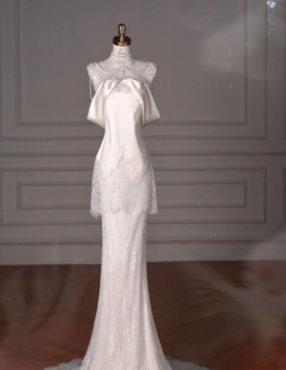 Gorgeous Mermaid Satin Lace Beads Long Wedding Dresses C4372