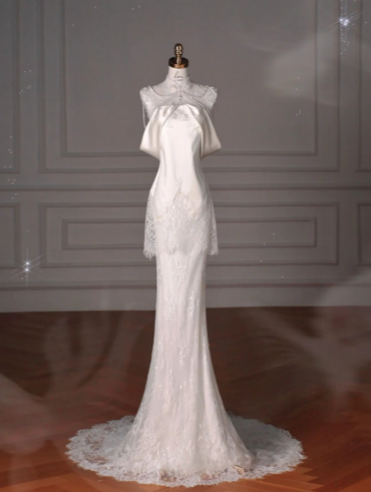 Gorgeous Mermaid Satin Lace Beads Long Wedding Dresses C4372